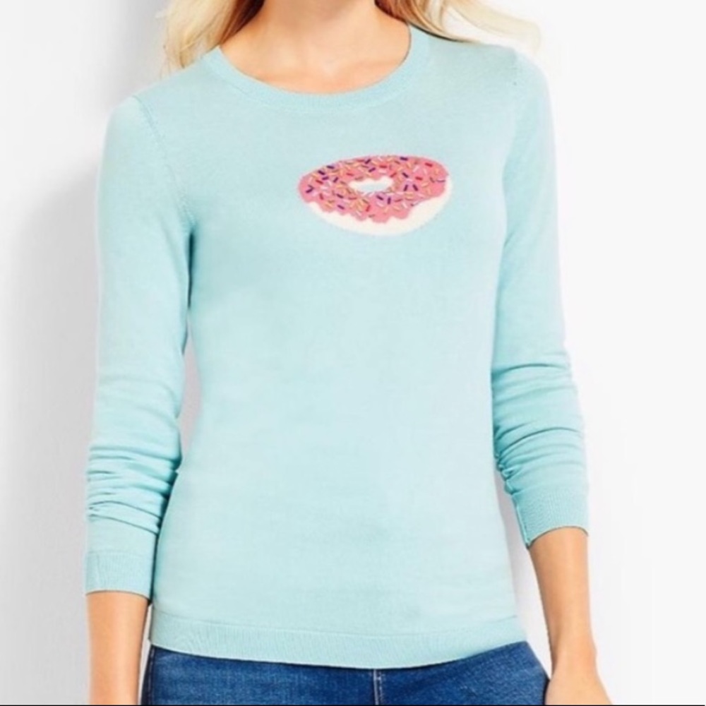Talbots blue embroidered sprinkle donut sweater size small petite